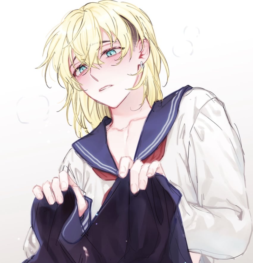 blonde_hair blonde_hair blonde_male blush blush chifuyu_matsuno femboy flushed flushed_face male male_focus male_only pierced_ears sailor_uniform skirt_lift skirt_up tokyo_revengers