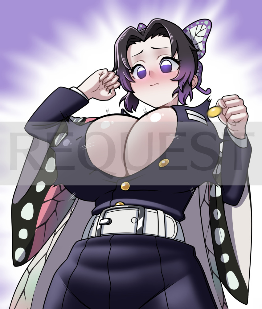 big_breasts black_hair blush bursting_breasts butterfly_hair_ornament button_pop cleavage demon_slayer embarrassed eron female female_only fully_clothed haori kimetsu_no_yaiba kochou_shinobu looking_down popped_button purple_eyes solo unbuttoned_shirt watermark