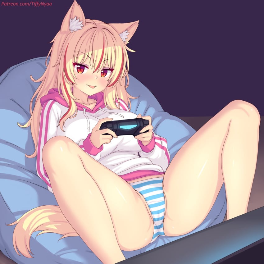 :p blonde_hair blush breasts cat_ears catgirl controller female game_controller highres jacket large_breasts long_sleeves lying multicolored_hair no_pants nottytiffy on_back original paid_reward_available panties patreon_username red_eyes red_hair smile solo spread_legs streaked_hair striped_panties tail thighs tiffy tiffynyaa tongue tongue_out underwear white_jacket