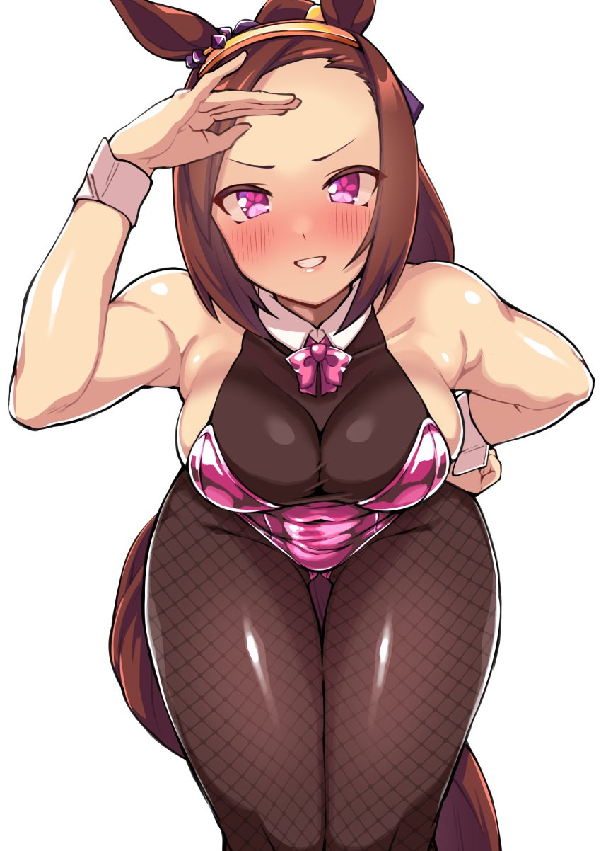 bent_over big_forehead blush breasts brown_hair cleavage fishnets hairband hand_on_hip horse_ears horse_girl horse_tail kemonomimi leaning_forward leotard long_hair looking_at_viewer medium_breasts pantyhose pink_eyes ponytail sakura_bakushin_o_(umamusume) smile solo thick_thighs thigh_gap toned toned_female umamusume umamusume_pretty_derby wide_hips wrist_cuffs
