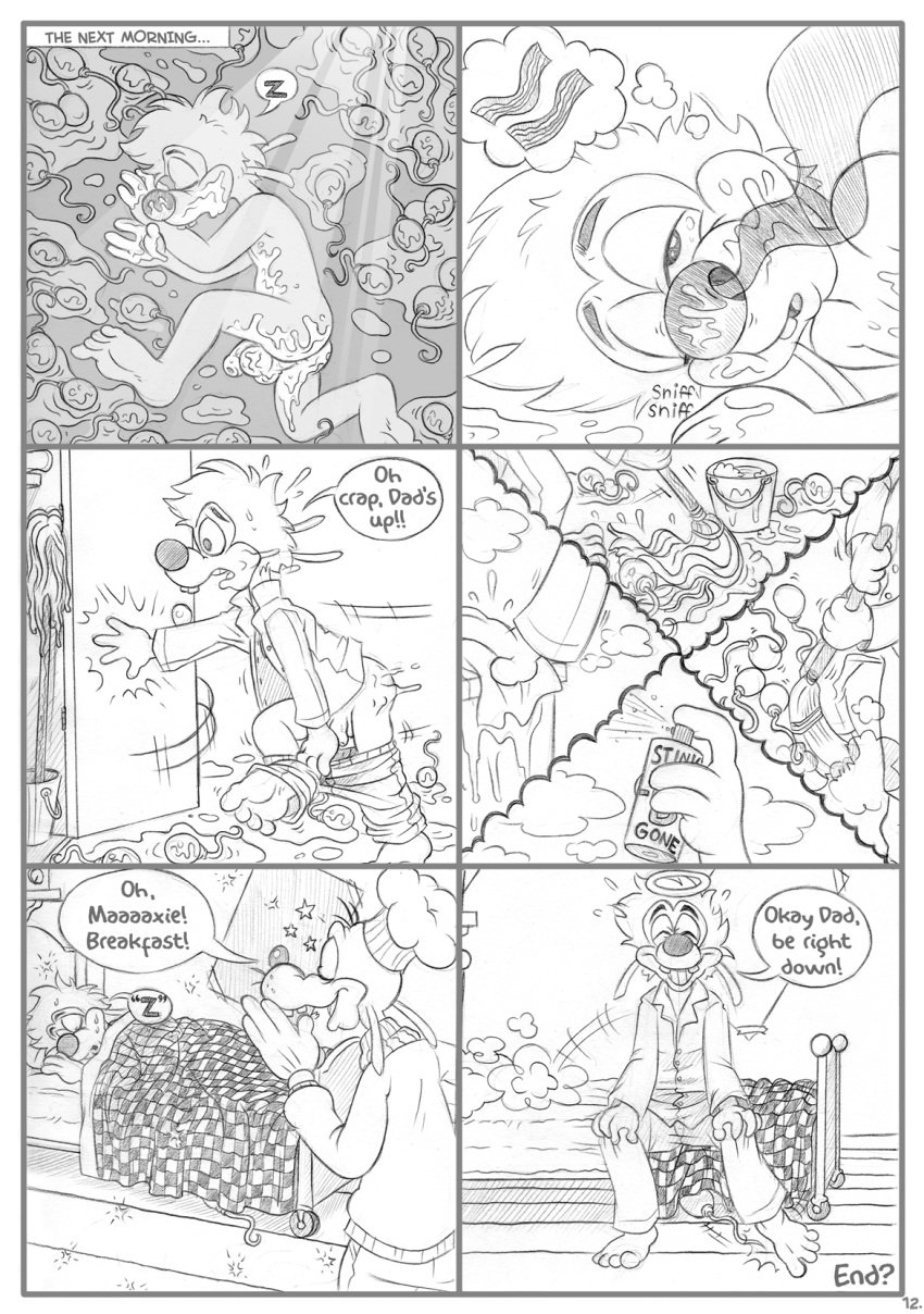 anthro ass balls brainsister buckteeth canine cleaning closed_eyes clothing comic cum cum_everywhere disney english_text father father_and_son flaccid foreskin giant_sperm goof_troop goofy halo humanoid_penis male_only mammal max_goof messy monochrome nude pajamas panicking parent partially_retracted_foreskin penis sleeping son speech_bubble sweat teeth text thought_bubble uncut waking_up young