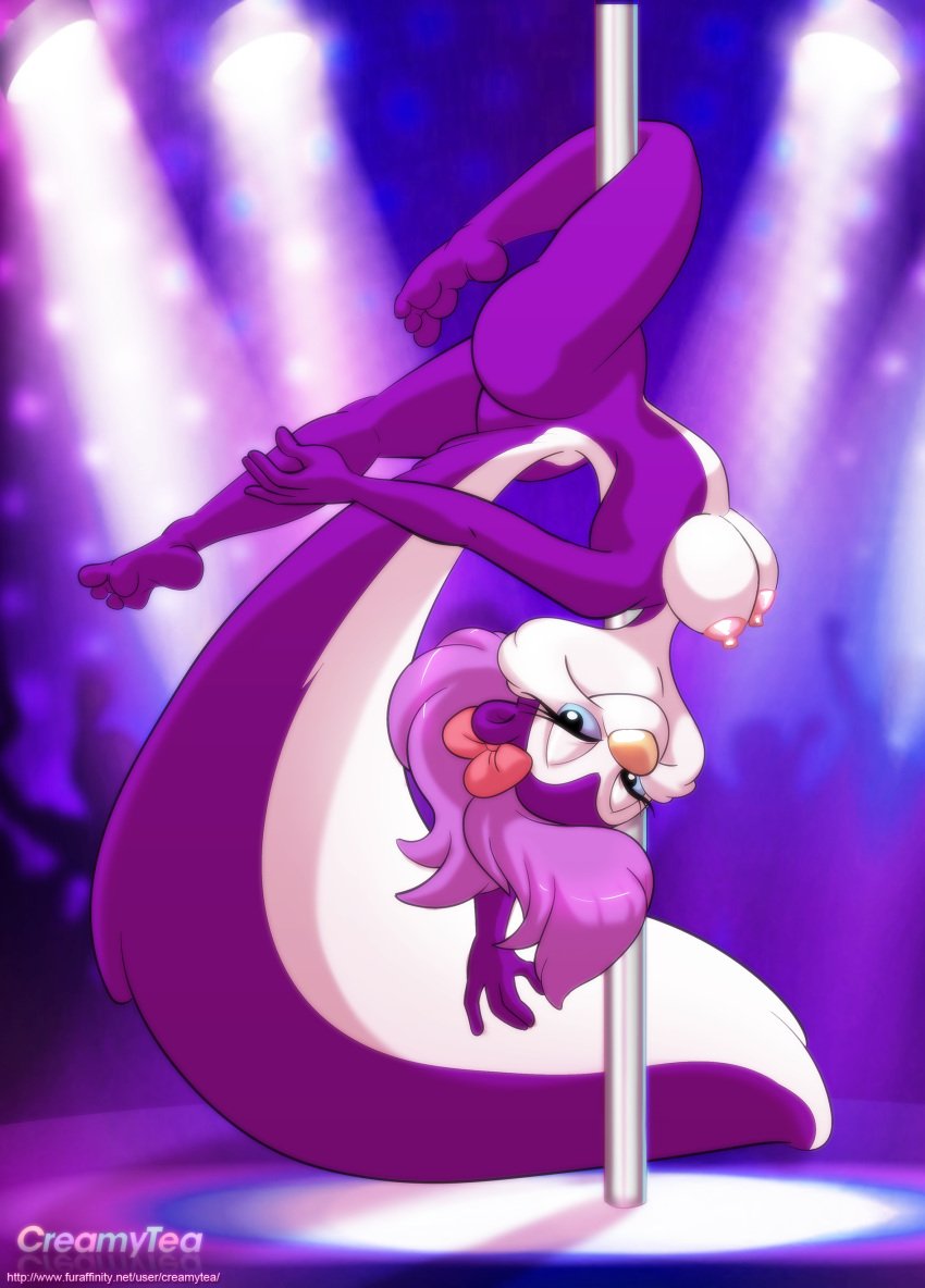 2020 3_toes 4_fingers absurd_res accessory anthro areola ass big_tail black_eyes blue_sclera bow_(feature) bow_accessory bow_ribbon breasts cheek_tuft creamytea dancing digital_media_(artwork) eyelashes facial_tuft feet female fifi_la_fume fingers fluffy fluffy_tail hair_accessory hair_ribbon hairbow half-closed_eyes hi_res huge_tail looking_at_viewer mammal markings mephitid narrowed_eyes nipples pink_bow pink_nose pole pole_dancing purple_hair ribbons skunk smile solo striped_markings striped_tail stripes stripper_pole tail tail_markings text tiny_toon_adventures toes tuft upside-down url warner_brothers
