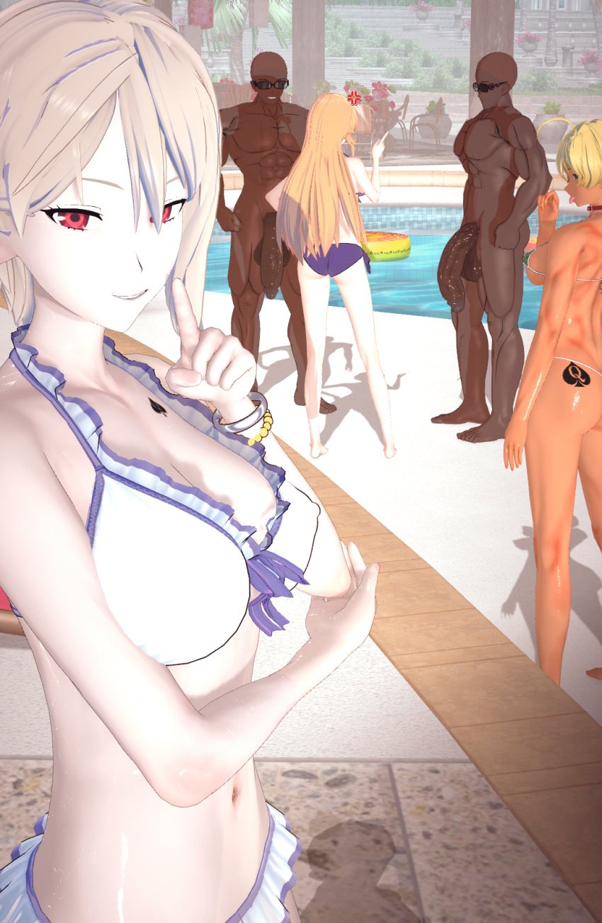 2boys 3d 3girls blonde_hair clothed_female clothed_female_nude_male dark-skinned_male female gyaru koikatsu male mito_ikumi naked_male nakiri_alice nakiri_erina oshino3d pool qos qos_tattoo queen_of_spades shokugeki_no_souma tagme tanned_female white_hair