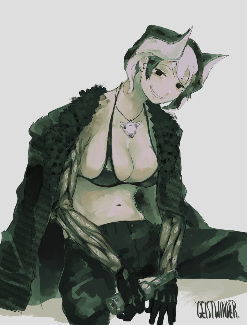 big_breasts bikini black_and_white_hair black_bikini black_eyes body_markings cleavage female female_only jacket_on_shoulders looking_at_viewer made_in_abyss ozen pale-skinned_female pale_skin short_hair sitting smile solo two_tone_hair whistle whistle_around_neck