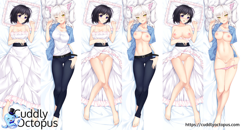 animal_ears bare_legs bare_shoulders belt black_hair black_hanekawa breasts cat_ears cleavage dakimakura denim dress female full_body hanekawa_tsubasa highres jeans legs monogatari_(series) navel nipples open_mouth panties pants purple_eyes pussy pussy_juice ribbon_trim short_hair slit_pupils smile sunshine_(5010127) thigh_gap underwear watermark white_dress white_hair yellow_eyes