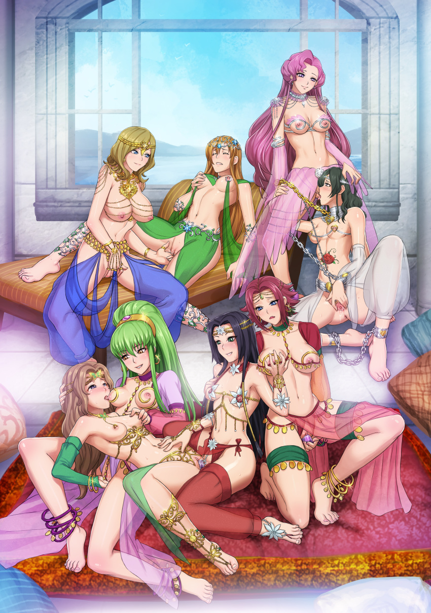 6+girls 8girls anklet bare_shoulders barefoot big_breasts black_hair blonde_hair blush bondage bracelet breasts brown_hair c.c. chains choker clitoris_piercing code_geass cunnilingus daybed dildo euphemia_li_britannia feet female female_only fingering groping harem_outfit jewelry kallen_stadtfeld loincloth long_hair milly_ashford multiple_girls necklace nina_einstein nipple_piercing nipples nunnally_lamperouge piercing pillow pink_hair pussy red_hair sefuart sex_toy shirley_fenette slave slavegirl spread_vagina sumeragi_kaguya toes yuri