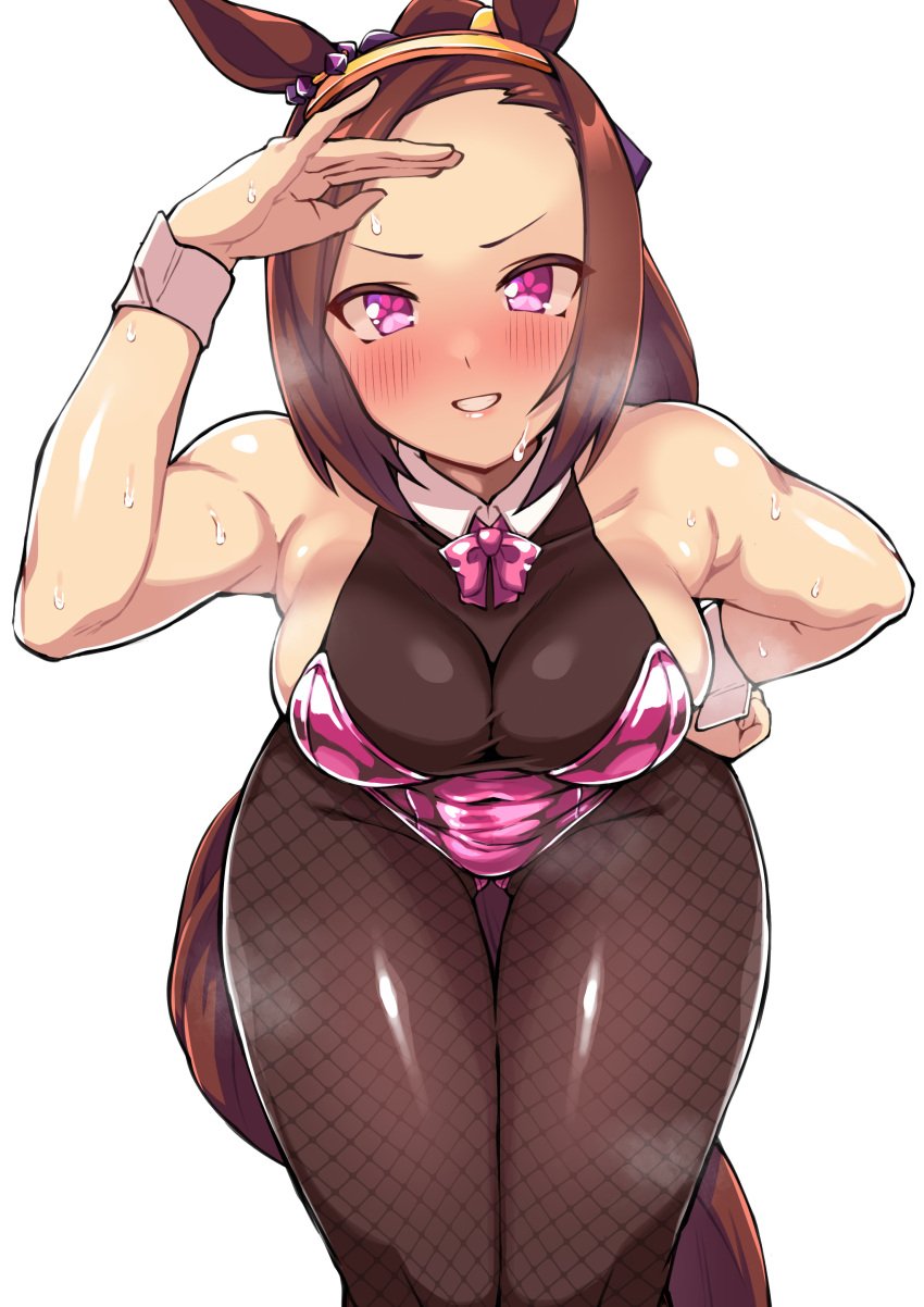 bent_over big_forehead blush breasts breath brown_hair cleavage fishnets hairband hand_on_hip horse_ears horse_girl horse_tail kemonomimi leaning_forward leotard long_hair looking_at_viewer medium_breasts pantyhose pink_eyes ponytail sakura_bakushin_o_(umamusume) smile solo steam sweat thick_thighs thigh_gap toned toned_female umamusume umamusume_pretty_derby wide_hips wrist_cuffs