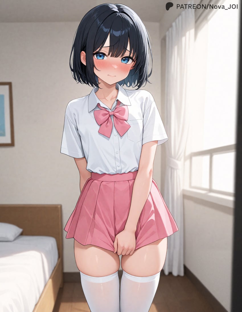 ai_generated black_hair blue_eyes blush crossdressing femboy novajoi pink_skirt ribbon shirt shy skirt thighhighs