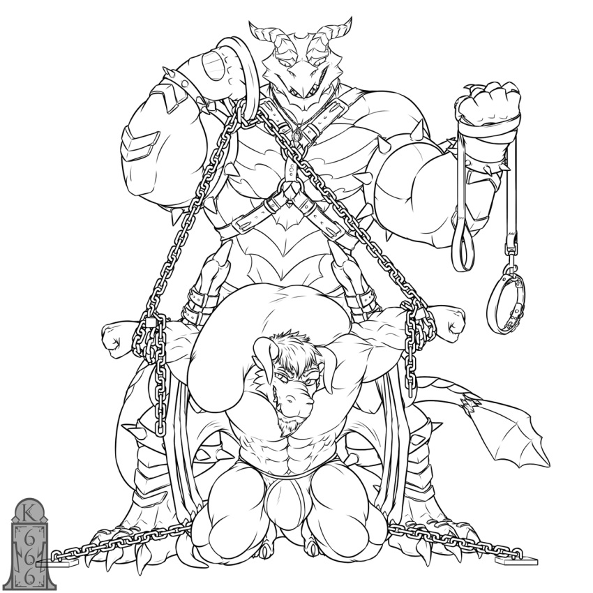 2016 anthro balls biceps big_balls big_bulge big_muscles big_penis bondage bound bulge chains clothing collar dragon duo harness huge_balls hyper hyper_balls hyper_penis kenshiki666 kobold male muscular muscular_male pecs penis scalie simple_background size_difference smile standing straps underwear white_background wings yaoi