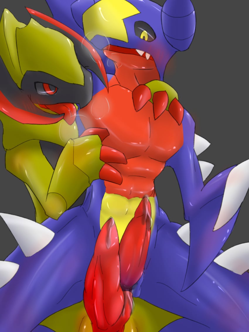 blush dragon garchomp haxorus male nintendo open_mouth penis pokemon pokemon_(species) red_eyes scalie sex simple_background teeth video_games