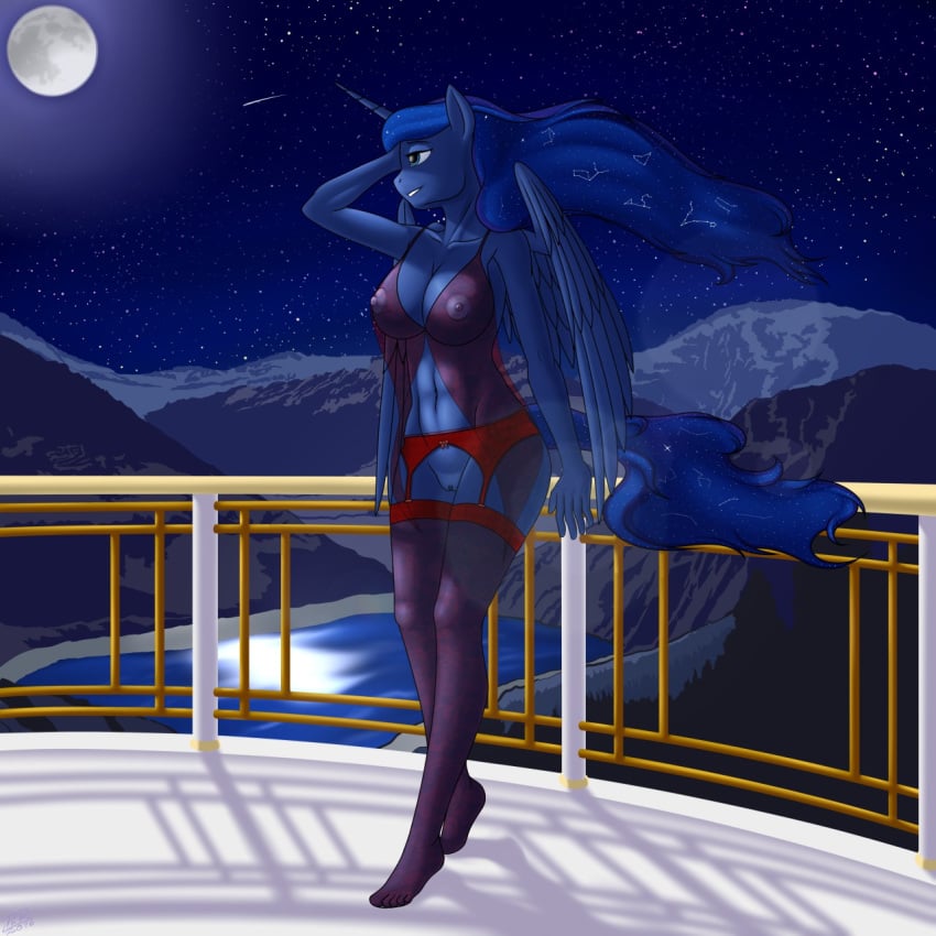 2016 abs alicorn anthro balcony big_breasts bottomless breasts constellation equine feet female friendship_is_magic full_moon furry garter_belt garter_straps horn lake lingerie looking_away mammal moon mountain my_little_pony navel negligee night nightgown nipples nude pabloracer princess_luna_(mlp) pussy red_underwear see-through shooting_star smile solo star teeth thighhighs windswept_hair wings