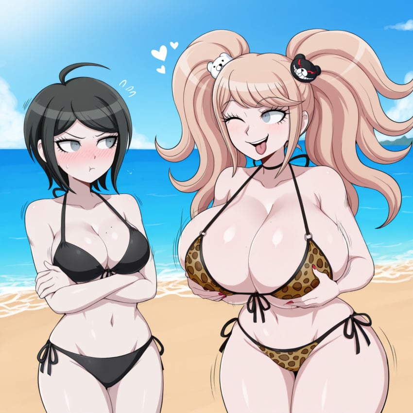 ai_generated beach big_breasts bikini black_bikini blush bouncing_breasts breasts crossed_arms danganronpa danganronpa:_trigger_happy_havoc floating_heart grabbing_breasts grabbing_own_breasts heavy_breasts holding_own_breasts huge_breasts junko_enoshima large_breasts leopard_print leopard_print_bikini looking_at_another motion_lines mukuro_ikusaba n.c.b_ai pout pouting stable_diffusion teasing thick_thighs tongue wide_hips wink