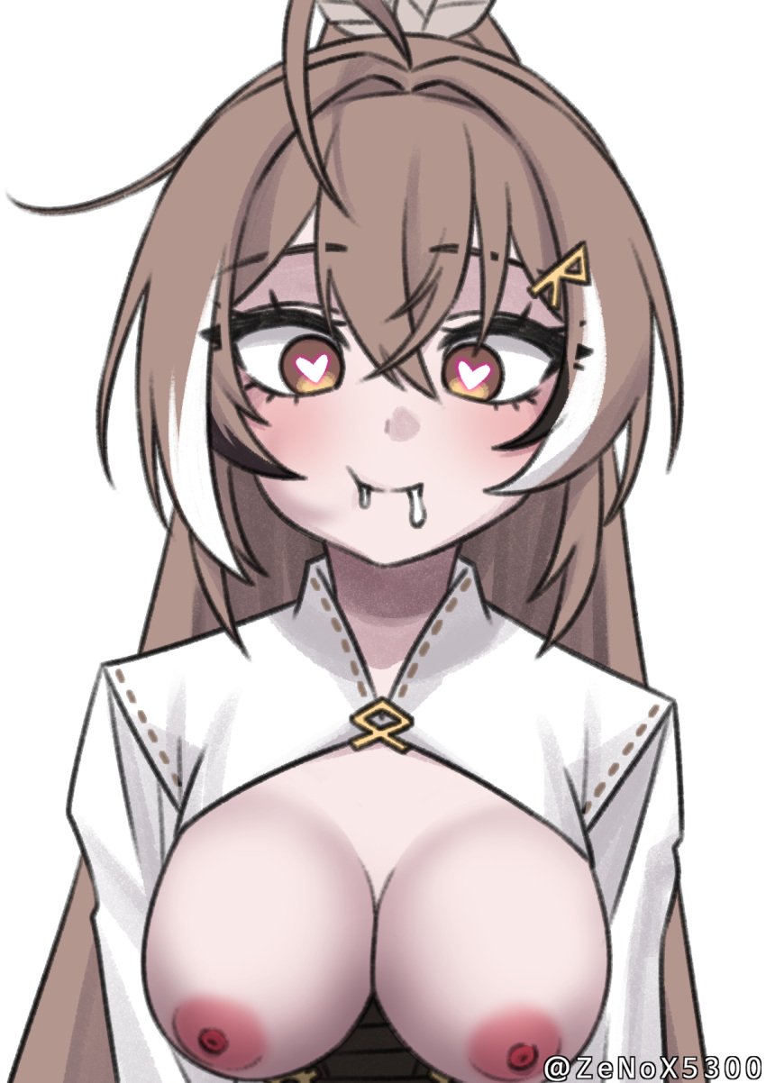 black_streaks breasts breasts_out brown_eyes brown_hair cum cum_in_mouth female heart heart-shaped_pupils high_ponytail highres hololive hololive_english long_hair looking_at_viewer medium_breasts multicolored_hair nanashi_mumei nanashi_mumei_(1st_costume) nipples ponytail shirt solo symbol-shaped_pupils virtual_youtuber white_shirt white_streaks zenox5300