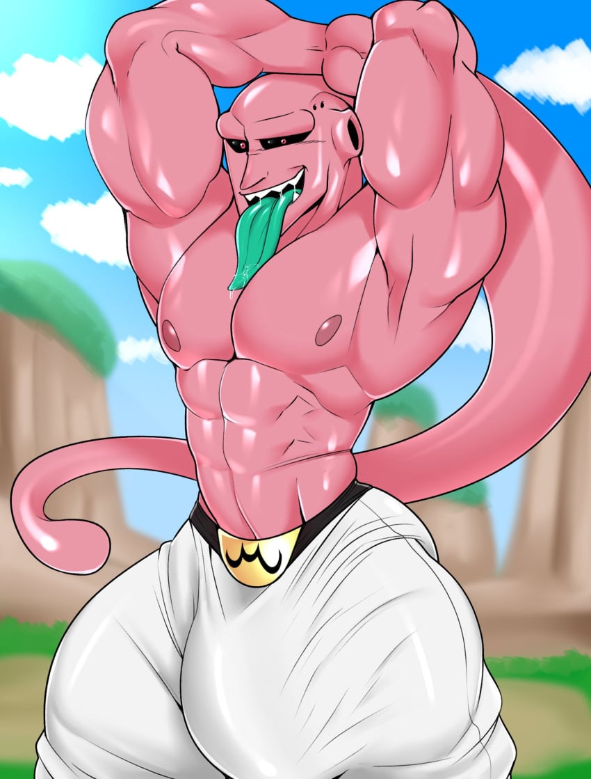 balls bara big_balls big_penis bulge dragon_ball dragon_ball_z flaccid hands_behind_head huge_cock majin_buu male male_only muscles muscular penis pink_body shirtless solo solo_male super_buu tongue_out tsukielewds