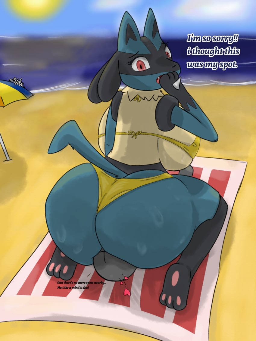 ambiguous_gender anon anthro beach big_ass big_breasts big_butt bikini black_body black_fur blue_body blue_fur cloud dripping english_text faceless_male facesitting feet female female/ambiguous generation_4_pokemon hand_on_mouth heart_symbol huge_ass huge_breasts huge_butt looking_at_another looking_back lucario majika multicolored_body nintendo parasol pokemon pokemon_(species) red_eyes sand sea sun sunny tail text towel water wet worried worried_look