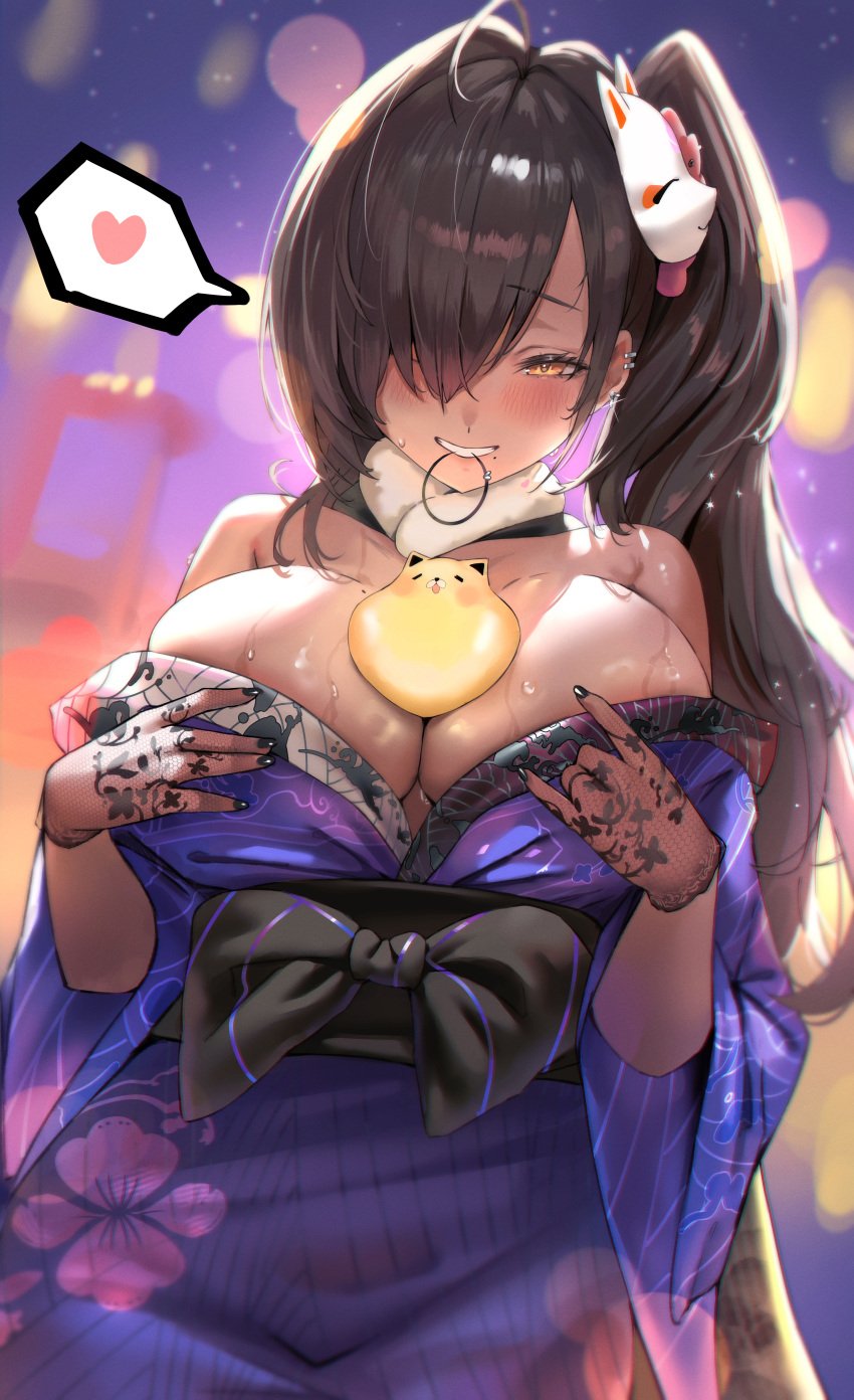 1girls absurdres bare_shoulders black_nails black_sash blurry blush bokeh breasts brown_hair canine cowboy_shot dark-skinned_female dark_skin depth_of_field ear_piercing female floral_print floral_print_kimono fox_mask fur_collar furisode gloves goddess_of_victory:_nikke hair_over_one_eye hair_over_shoulder hair_tie_in_mouth hands_on_own_breasts heart highres huge_breasts japanese_clothes jindogod kimono lace lace_gloves lantern long_hair looking_at_viewer mask mask_on_head mole mole_under_mouth mouth_hold naga_(last_girlhood)_(nikke) naga_(nikke) night obi off_shoulder official_alternate_costume outdoors piercing print_kimono purple_kimono sash side_ponytail solo speech_bubble spoken_heart straight-on sweat sweatdrop yellow_eyes