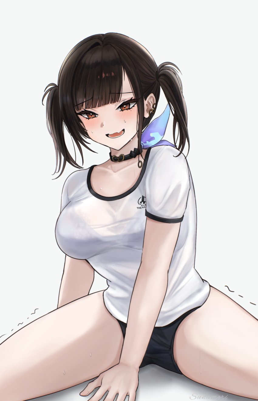 1girls between_legs black_bra black_buruma black_hair blush bra bra_visible_through_clothes breasts brown_eyes buruma collarbone commentary_request female goddess_of_victory:_nikke grey_background gym_shirt gym_uniform hand_between_legs highres medium_breasts open_mouth see-through_clothes see-through_shirt shirt simple_background sitting solo sora_(nikke) sunameri_(pixiv3564245) sweat trembling twintails underwear