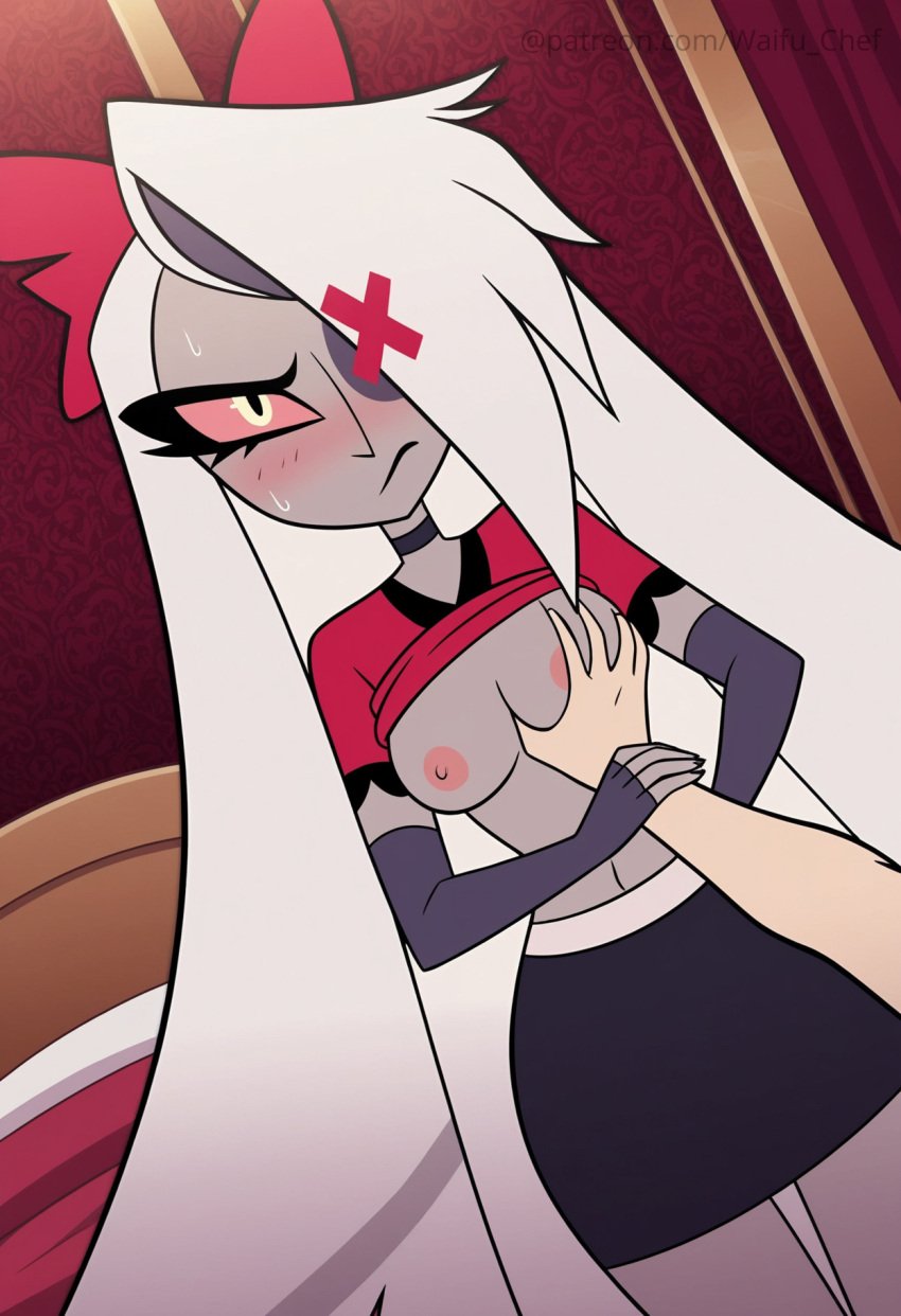 ai_generated angel blush breast_grab breasts clothed clothing detailed_background duo faceless_male female grey_body hair hazbin_hotel human male male/female nipples partially_clothed standing straight sweat thick_thighs vaggie_(hazbin_hotel) white_hair