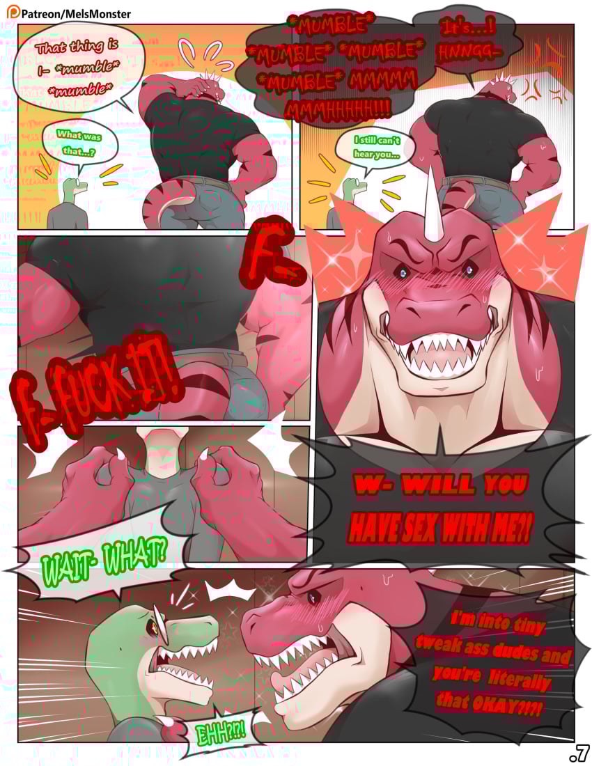 2025 absurd_res angry anthro belt big_muscles black_clothing black_footwear black_sclera black_shirt black_shoes black_topwear blue_bottomwear blue_clothing blue_eyes blue_jeans blue_pants bottomwear brown_belt buggy_(mels_monster) buzz_(mels_monster) closed_eyes clothing comic conjoined_speech_bubble countershade_torso countershading cross-popping_vein denim denim_bottomwear denim_clothing dialogue dinosaur dromaeosaurid duo english_text eyewear footwear furgonomic_pants glasses green_text grey_clothing grey_shirt grey_topwear hand_on_shoulder hands_on_another&#039;s_shoulders head_spikes hi_res inside jeans larger_anthro larger_male lizard long_sleeves male male_only mels_monster_(artist) multicolored_body multicolored_scales muscles muscular muscular_anthro muscular_male pants pointy_speech_bubble prehistoric_species red_body red_scales red_text reptile round_glasses scales scalie shirt shoes size_difference skinny_anthro skinny_male smaller_anthro smaller_male speech_bubble spikes spikes_(anatomy) striped_body striped_scales stripes tan_body tan_scales text theropod topwear two_tone_body two_tone_scales tyrannosaurid tyrannosauroid tyrannosaurus tyrannosaurus_rex white_clothing white_footwear white_shoes