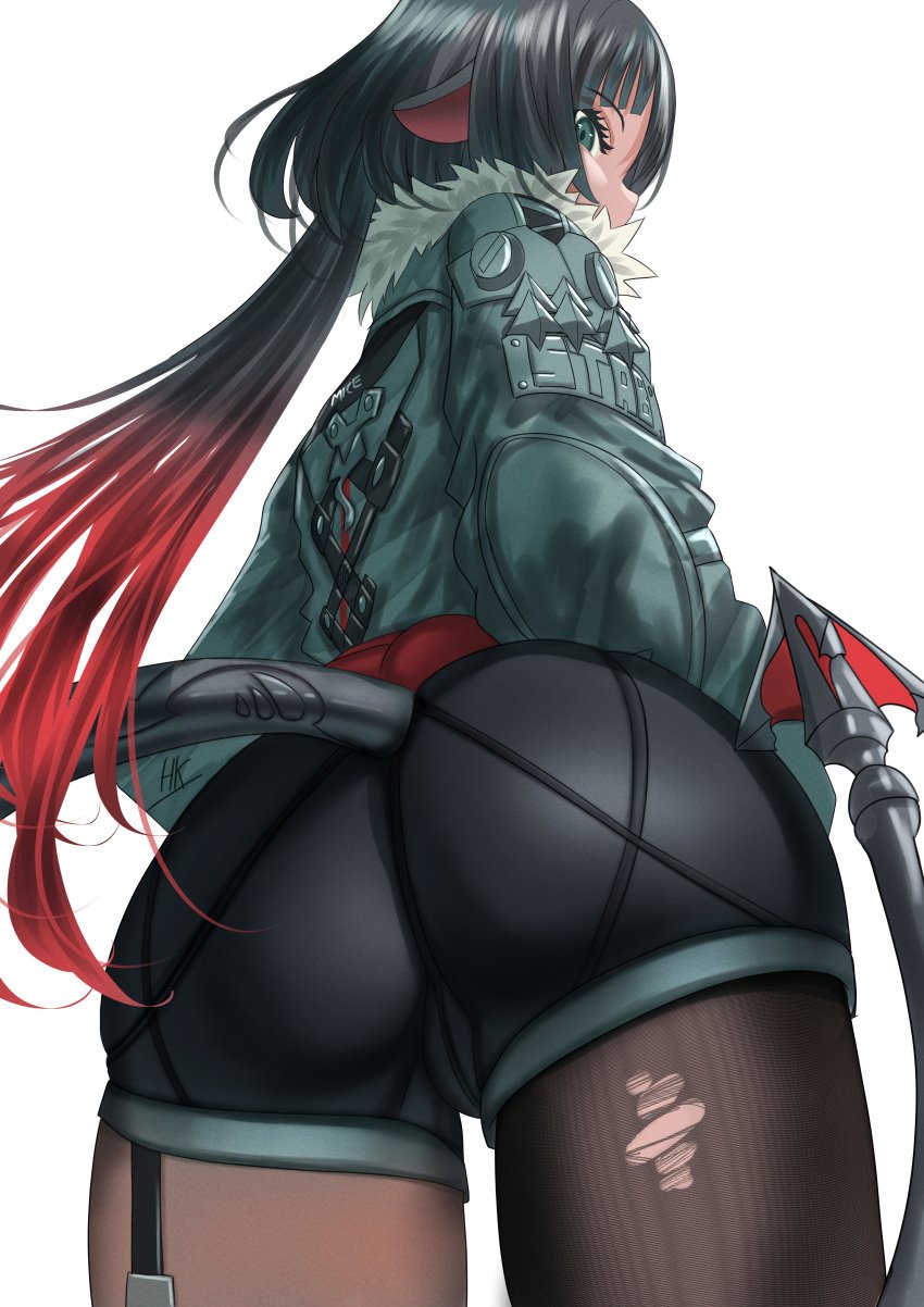 1girls absurdres ass ass_focus black_pantyhose black_shorts blunt_bangs female from_behind green_eyes green_hair highres jane_doe_(zenless_zone_zero) kein_hasegawa long_hair looking_at_viewer looking_back mouse_girl multicolored_hair pantyhose red_hair shorts sidelocks simple_background solo tail thighs two-tone_hair white_background zenless_zone_zero
