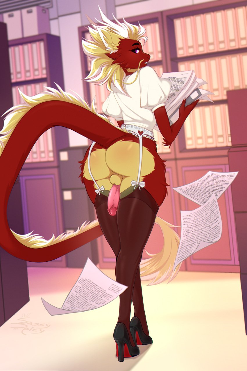 anthro asian_mythology backsack balls blonde_hair body_hair claws clothed clothing digital_drawing_(artwork) digital_media_(artwork) digitigrade dragon east_asian_mythology eastern_dragon erection femboy fingers fluffy fluffy_ears fluffy_hair fluffy_tail footwear fur genitals hair hi_res high_heels holding_object horn humanoid_genitalia humanoid_penis legwear male mammal multicolored_body multicolored_fur multicolored_hair mythological_creature mythological_scalie mythology penis penis_between_thighs red_body red_fur red_hair sassyspicy scalie school school_uniform shirt shoes solo tail tail_tuft thigh_highs topwear tuft uniform vitamin_c_(forwardpickup) whiskers yellow_body yellow_fur