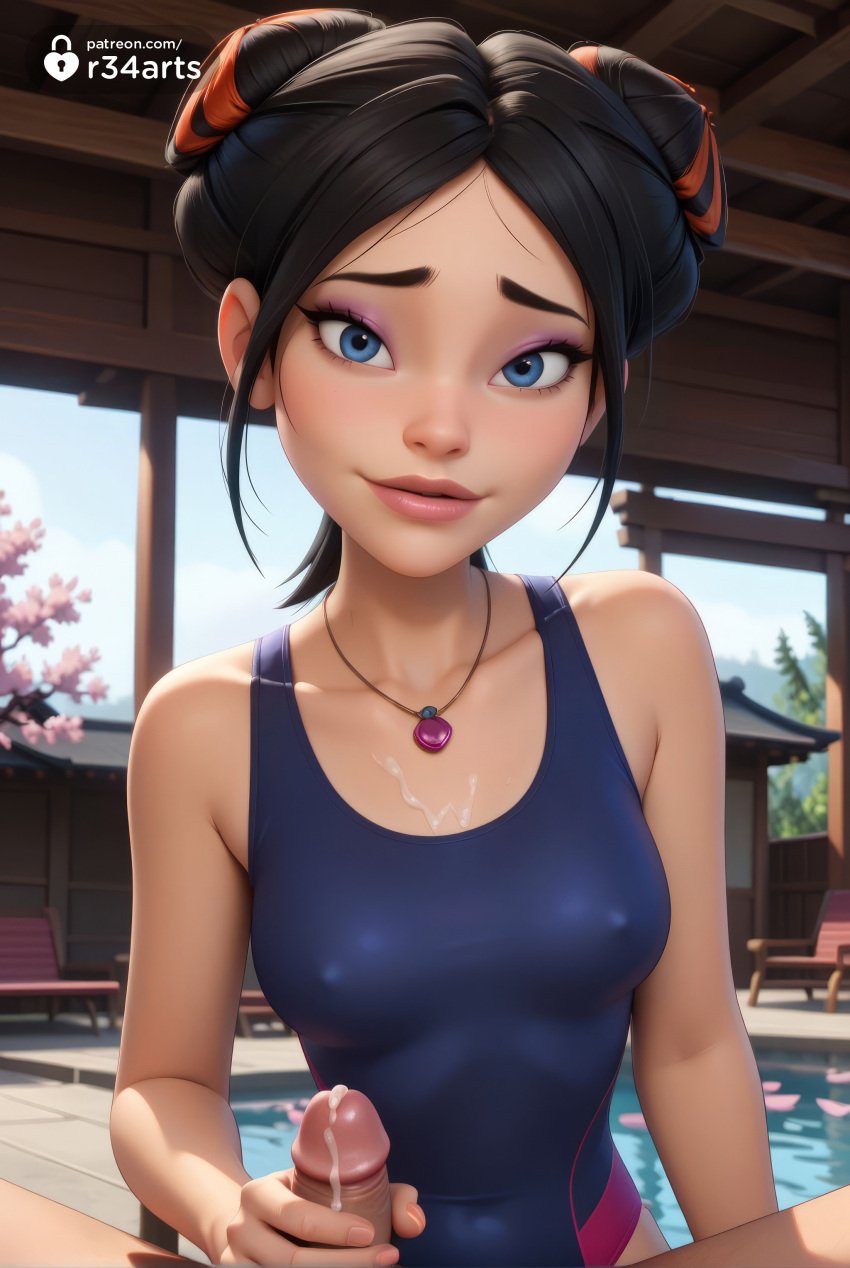 1boy 1boy1girl 1girls ai_generated artist_name bare_shoulders black_hair blue_eyes blue_one-piece_swimsuit braceface breasts collarbone competition_swimsuit covered_navel covered_nipples cum cum_on_body cum_on_breasts double_bun erection eyeshadow hair_bun handjob hi_res jewelry lips looking_at_viewer makeup maria_wong necklace one-piece_swimsuit penis pool pov r34arts small_breasts smile solo_focus straight swimsuit uncensored