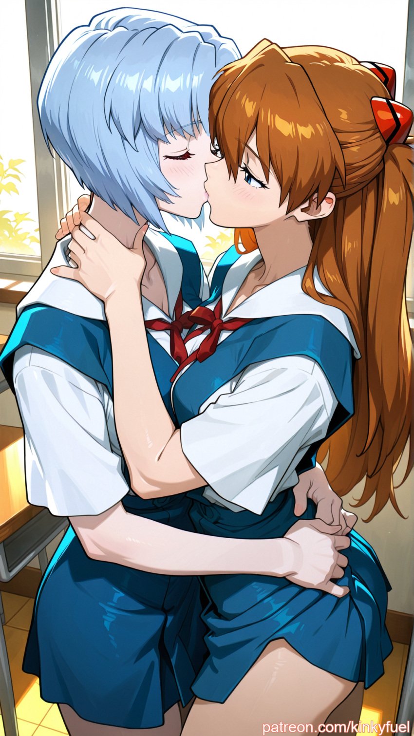 ai_generated asuka_langley_sohryu blue_hair blue_skirt brown_hair kinkyfuel kissing long_hair neon_genesis_evangelion red_bow rei_ayanami school_uniform short_hair thigh_grab two_girls white_shirt yuri