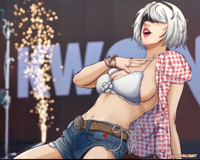 big_breasts big_butt big_thighs big_titties breasts curvaceous curvaceous_female curvaceous_figure curvy curvy_figure curvy_hips female female_focus female_only kwon_eunbi nier:_automata open_shirt ryuujinart short_hair short_jeans underwear white_hair yorha_2b