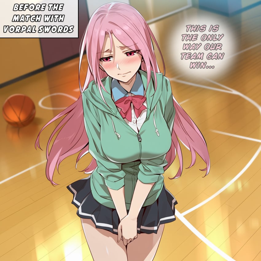 absurd_res absurdres ai_generated blush color commentary darklust dialogue english english_commentary english_dialogue english_text female hi_res high_resolution highres human kuroko&#039;s_basketball kuroko_no_basuke large_breasts momoi_satsuki motion_blur motion_lines novelai pink_eyes pink_hair school_uniform self_upload speech_bubble speed_lines sweat tagme text uncensored