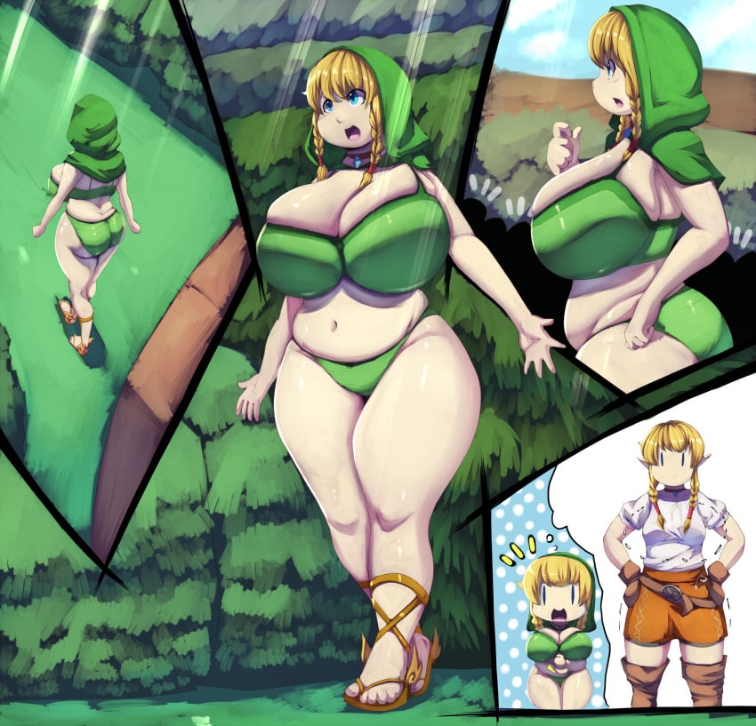 big_ass big_breasts blonde_hair blue_eyes bra chibi chubby chubby_female forest hood hood_up hyrule_warriors hyrule_warriors_legends linkle overflowing_breasts panels panties sideboob the_legend_of_zelda thick_thighs trinity-fate62