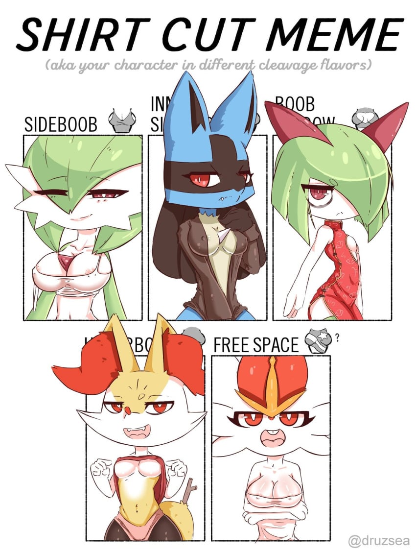 5girls akatosh_el_shota_furro anthro areola_slip areolae areolae_slip big_breasts braixen breasts canid cinderace english_text fangs female female_only gardevoir generation_3_pokemon generation_4_pokemon generation_6_pokemon generation_8_pokemon group hair hi_res inner_sideboob kirlia lagomorph looking_at_viewer lucario mammal meme nintendo nipple_bulge nipples_visible_through_clothing pokemon pokemon_(species) shirt_cut_meme short_hair sideboob slim smile teeth text towel underboob