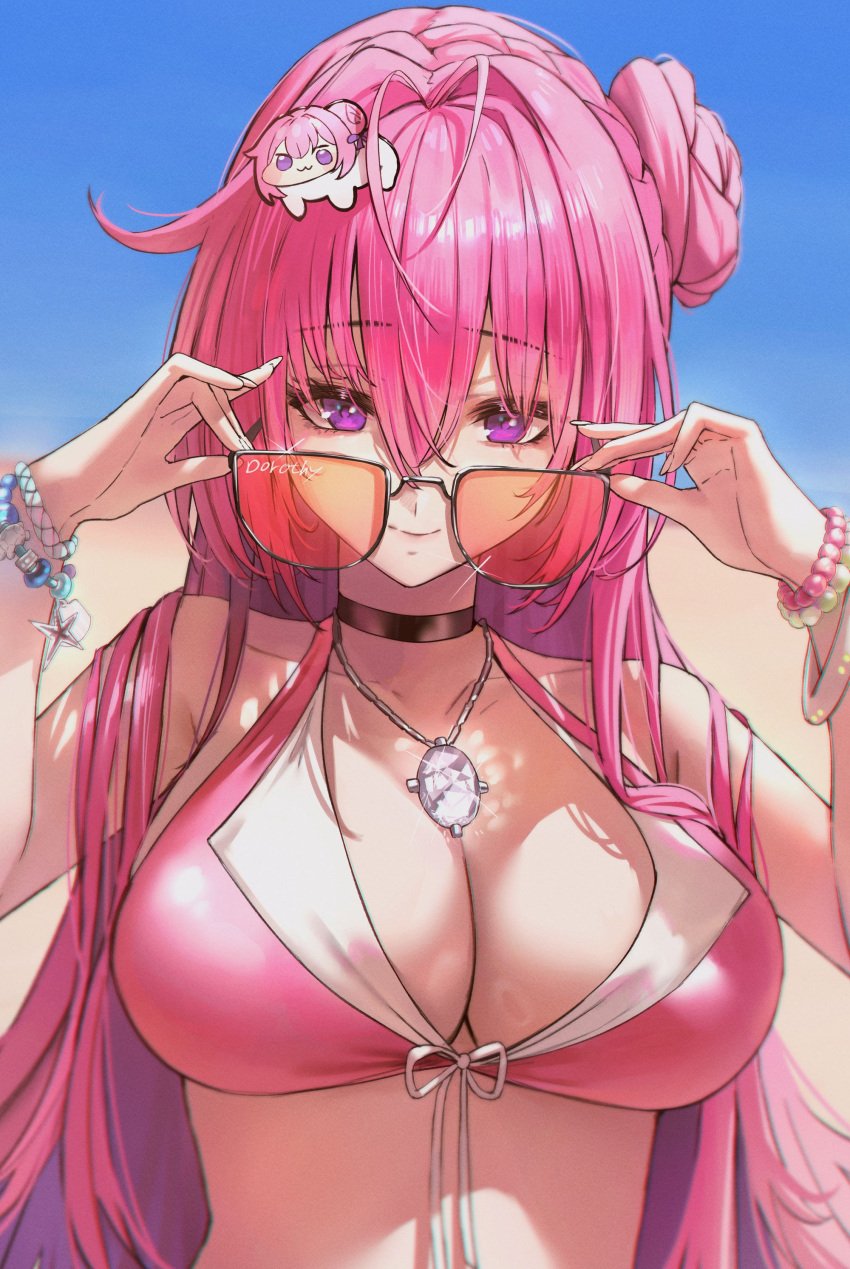 1girls absurdres adjusting_eyewear antenna_hair bikini black_choker blue_sky braid breasts choker cleavage closed_mouth commentary crown_braid day doro_(nikke) dorothy_(nikke) female fingernails flower-shaped_hair goddess_of_victory:_nikke hair_between_eyes hair_bun hair_intakes highres jewelry jindogod large_breasts long_hair looking_at_viewer necklace orange-tinted_eyewear pink_bikini pink_hair purple_eyes single_hair_bun single_side_bun sky smile swimsuit tinted_eyewear upper_body