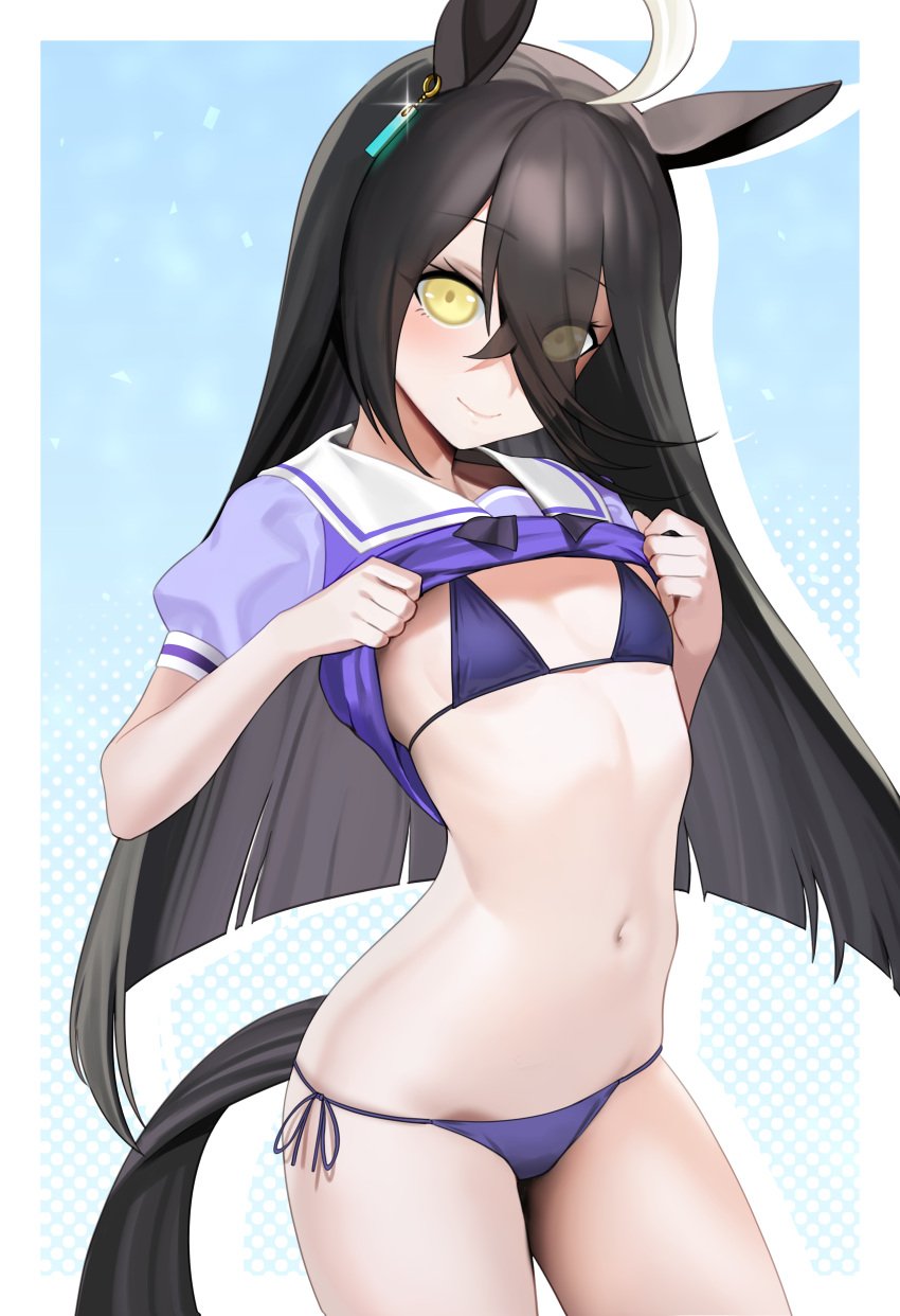 bikini black_hair female female_only flat_chest hair_between_eyes hair_over_one_eye horse_ears horse_girl horse_tail kemonomimi long_hair manhattan_cafe_(umamusume) pale-skinned_female pale_skin petite purple_bikini school_uniform shirt_lift single_earring smile solo ugohato umamusume umamusume_pretty_derby yellow_eyes