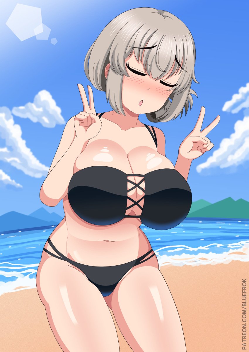 1girls beach big_breasts bikini bikini_bottom bikini_top black_bikini bluefrok blush bottomwear breasts cleavage closed_eyes double_peace_sign female female_only grey_hair hair huge_breasts mature mature_female mature_woman milf mother peace_sign sign solo solo_female swimwear thighs topwear uzaki-chan_wa_asobitai! uzaki_tsuki