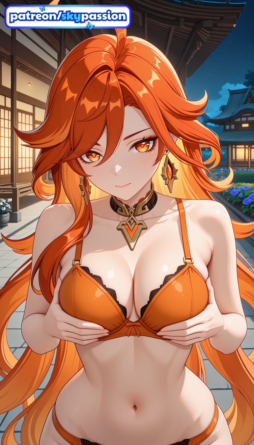 1girls 2026 ai_assisted ai_generated anime boobs breasts bust earrings genshin_impact hi_res high_quality high_resolution highres jewelry long_hair mavuika_(genshin_impact) night orange_bikini orange_eyes orange_panties patreon patreon_username skypassion stable_diffusion tits watermark