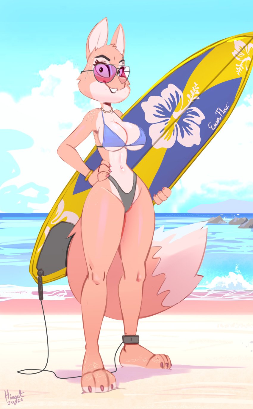 3_toes 4_fingers absurd_res anthro barefoot beach bikini bikini_bottom bikini_top bracelet breasts canid canine cleavage clothed clothed_anthro clothed_female clothing diane_foxington dreamworks eyewear feet female fingers fox fur hi_res hindpaw hinget humanoid_hands jewelry mammal navel orange_body orange_fur paws pink_nose plantigrade sand sea smile solo standing sunglasses surfboard swimwear tail the_bad_guys toes two-piece_swimsuit water