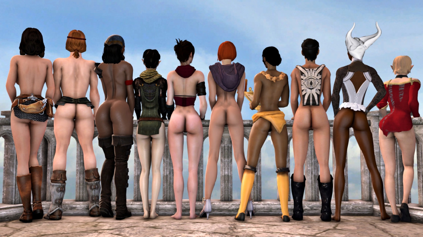 10girls 3d 3d_(artwork) ass aveline_vallen bandana bethany_hawke bioware black_hair blonde_hair boots brown_hair cassandra_pentaghast dalish_elf dark-skinned_female dark_skin dragon_age dragon_age_2 dragon_age_inquisition dragon_age_origins dress elf female hair_bun helmet isabela josephine_montilyet leliana lineup merrill merrill_(dragon_age) morrigan_(dragon_age) multiple_girls naked_footwear naked_with_shoes_on necklace nude orange_hair red_hair scarf sera_(dragon_age) short_hair take_your_pick trajan uncensored vivienne_(dragon_age)