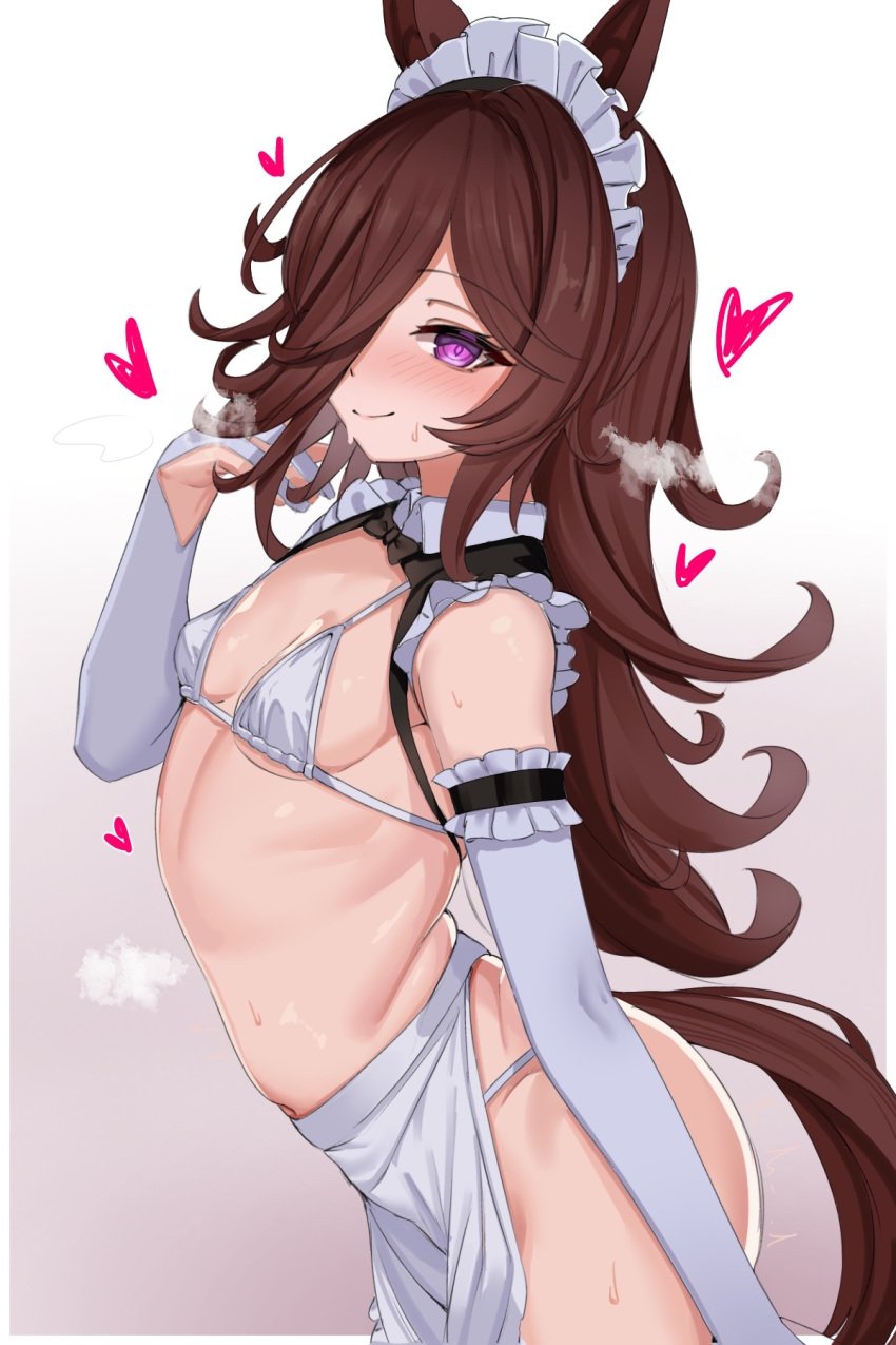 alternate_costume bikini blush breath brown_hair elbow_gloves female female_only gloves hair_over_one_eye horse_ears horse_girl horse_tail kemonomimi long_hair looking_at_viewer maid_headdress purple_eyes rice_shower_(umamusume) small_breasts solo sweat umamusume umamusume_pretty_derby waist_apron white_bikini white_gloves