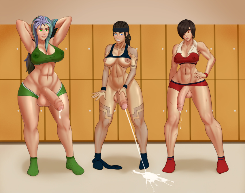 3futas abs areolae athletic awilix_(smite) balls bellona_(smite) bottomless breasts bulge clothed color cum cum_drip cumshot dreadlocks ejaculation erect_nipples erection front_view functionally_nude futa_only futa_with_futa futanari green_eyes gym hands_behind_head huge_breasts intersex kinkyfolk masturbation midriff mouth_open muscular_futanari nanodeath nipples penis penis_out penis_slip posing precum precum_drip scars semi-erect short_hair shorts_aside slim smite sportswear standing tattoo terra_(smite) testicles thick_thighs veiny_penis wide_hips