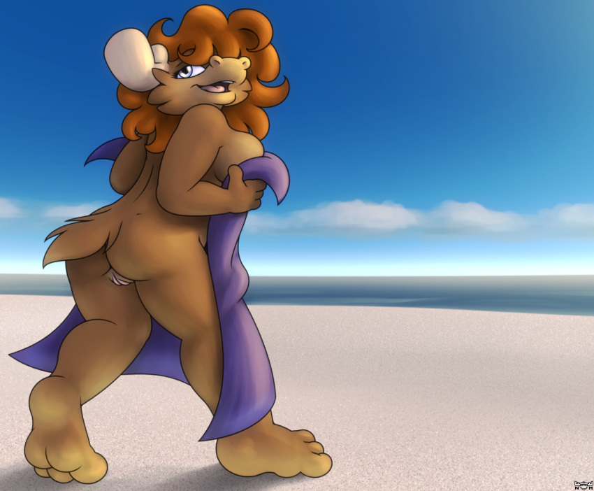 2016 anthro beach brown_fur cervine female fur girlnani hair looking_at_viewer looking_back mammal moose nanimoose nanimoose_(character) nude orange_hair outside purple_eyes pussy seaside solo towel