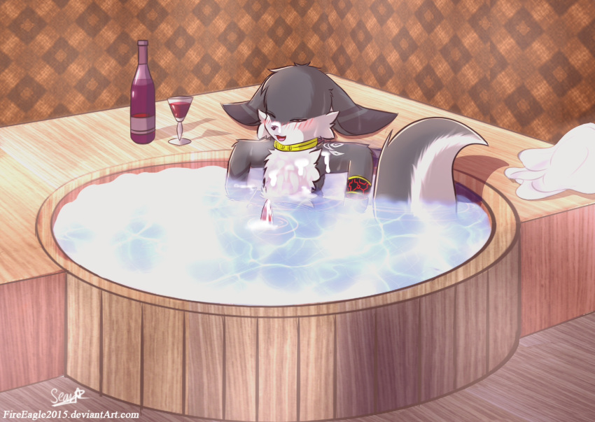 2016 alcohol anthro beverage blush closed_eyes cum cum_on_body cum_on_face cute eyewear fan_character glasses heart hot_tub iradeon male male_only pattern penis senz shower simple_background sitting smile smoke sweat towel water wine wood