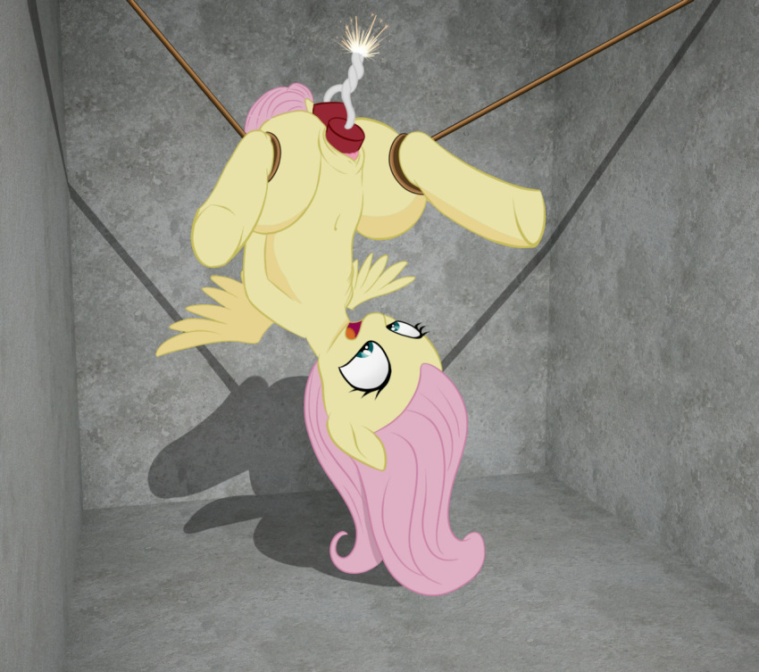 2016 blue_eyes bondage bondage bound dynamite equine explosives feathered_wings feathers female feral fire fluttershy_(mlp) friendship_is_magic fur hair mammal my_little_pony pegasus pink_hair pussy solo spread_legs spread_wings spreading wings yellow_feathers yellow_fur zippysqrl