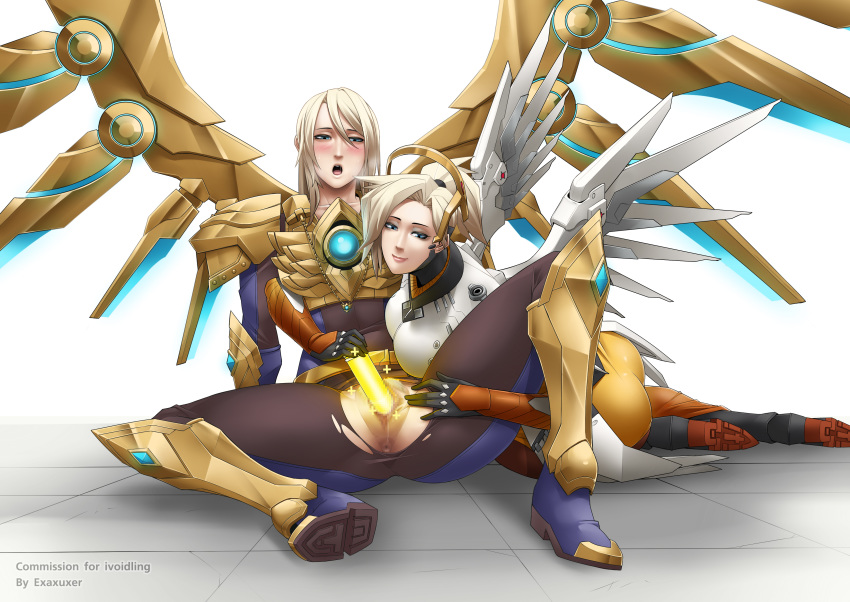 2girls absurdres aether_wing_kayle anus armor ass blonde_hair blonde_pubic_hair blue_eyes blush breasts censored clothed_sex crossover exaxuxer full_body greaves hair_between_eyes heavy_breathing highres kayle kuma-x kuma_x labia league_of_legends lips long_hair mechanical_halo mechanical_wings mercy mosaic_censoring multiple_girls no_panties object_insertion overwatch pantyhose power_connection pubic_hair pussy smile spread_legs spread_pussy steel_valkyries_series torn_clothes torn_pantyhose vaginal_object_insertion vaginal_penetration wings yuri