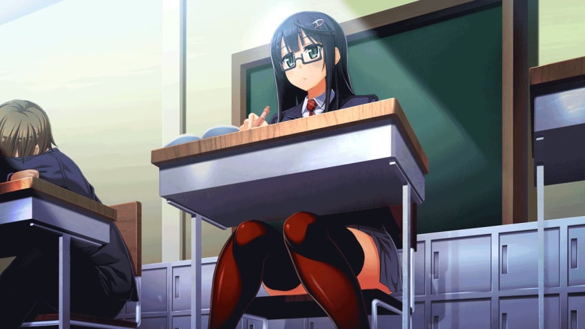 animated cen glasses green_eyes kanzen_jikan_teishi_~muriyari_jikan_o_tomerareta_sekai_de_hamerareru_onna-tachi~ long_hair no_panties penis public pussy rape school_uniform schoolgirl sex straight thighhighs time_stop vaginal_penetration