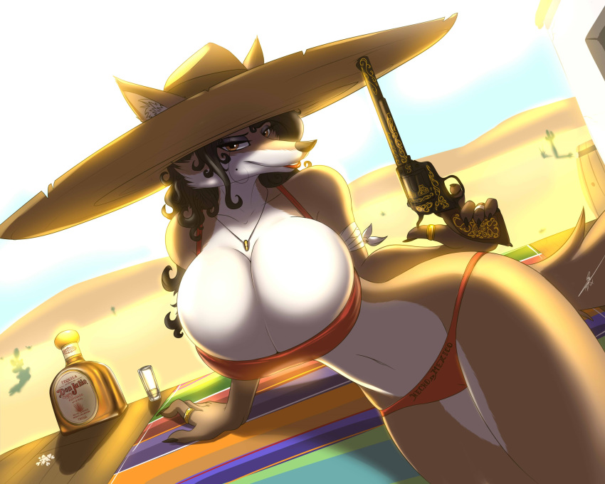 2016 absurd_res anthro bandage beauty_mark big_breasts bikini black_hair breasts brown_eyes cameltoe canine clothing colt_1873 coyote desert female gold_(metal) gun hair handgun hat hi_res huge_breasts jewelry lipstick lying mammal metalfoxxx necklace pose ranged_weapon revolver solo swimsuit tequila thick_bottom_lip weapon