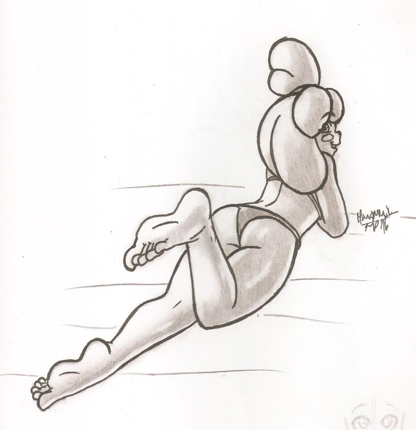 2016 alternate_body_type animal_crossing anthro ass bikini female howsplendid isabelle_(animal_crossing) lying_on_stomach monochrome nintendo solo