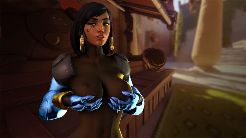 3d armor bedroom_eyes black_hair bodysuit breast_hold breasts brown_eyes dark-skinned_female dark_skin detailed_background eyelashes facial_mark female female_only hair_beads hair_ornament highres human large_breasts long_hair nipple_bulge outdoors overwatch parted_lips perky_breasts pharah shiboishi shoulder_pads solo source_filmmaker thick_lips