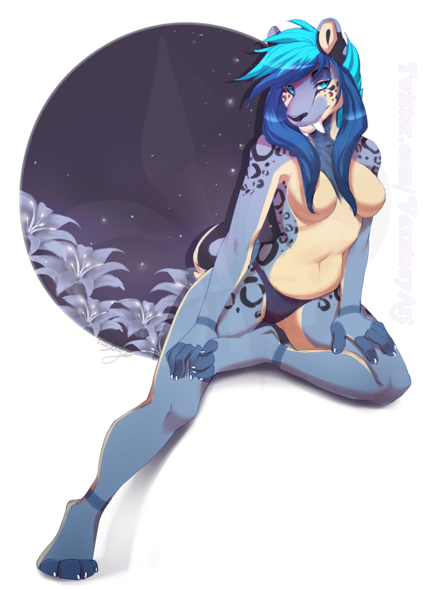 4_toes absurd_res anthro blue_eyes blue_hair clothed clothing feline female hi_res kylani mammal navel sitting solo tagme toes topless vexstacy wide_hips