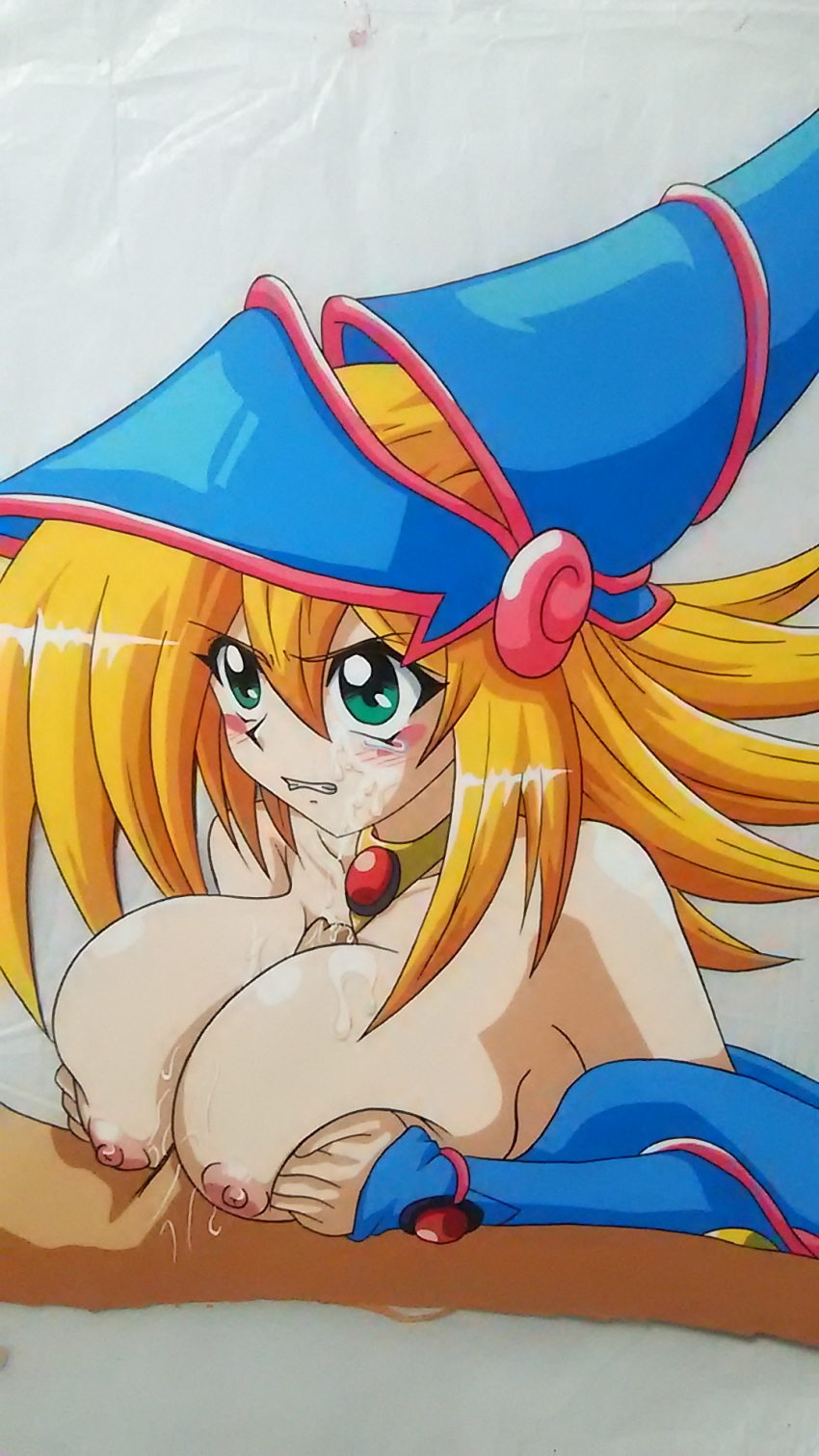 1boy bare_shoulders blonde_hair breast_grab breasts cum dark_magician_girl duel_monster facial female green_eyes hasamimushi highres large_breasts long_hair magical_girl masturbation nipples nude paizuri penis picture_of_picture scissor_insect straight sweat tears traditional_media uncensored witch_hat yu-gi-oh! yuu-gi-ou_duel_monsters