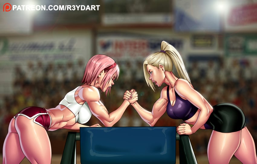 2girls abs arm_wrestling ass big_breasts blonde_hair breasts cleavage female female_only ino_yamanaka large_breasts muscles muscular muscular_female naruto naruto_shippuden pink_hair ponytail r3ydart sakura_haruno short short_shorts sports_bra